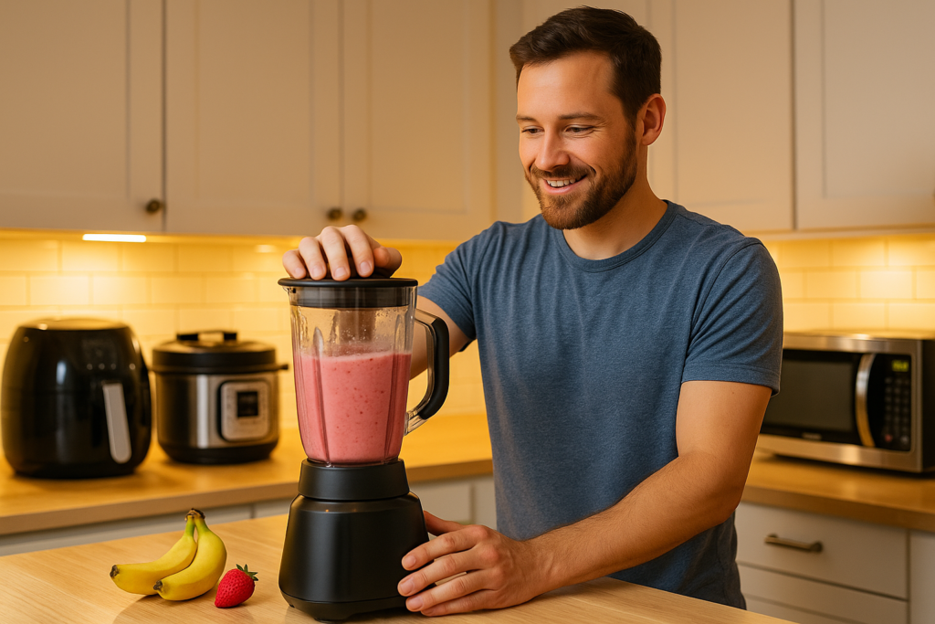 A man blending a smoothie in a sleek modern kitchen surrounded by popular home appliances like an air fryer, rice cooker, and toaster.