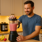 A man blending a smoothie in a sleek modern kitchen surrounded by popular home appliances like an air fryer, rice cooker, and toaster.