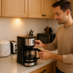 Man using a coffee maker in a modern American kitchen with toaster, air fryer, microwave, and other appliances on the counter
