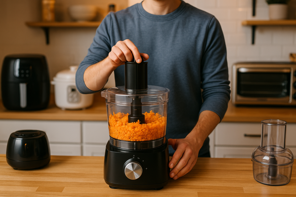 Person using a food processor in a modern kitchen with other appliances like air fryer, rice cooker, and blender nearby