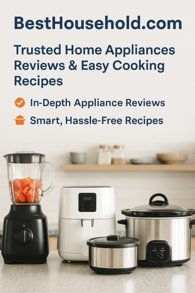 Home appliances like crock pots, rice cookers, and air fryers on a countertop, showing modern cooking made simple – BestHousehold website visual