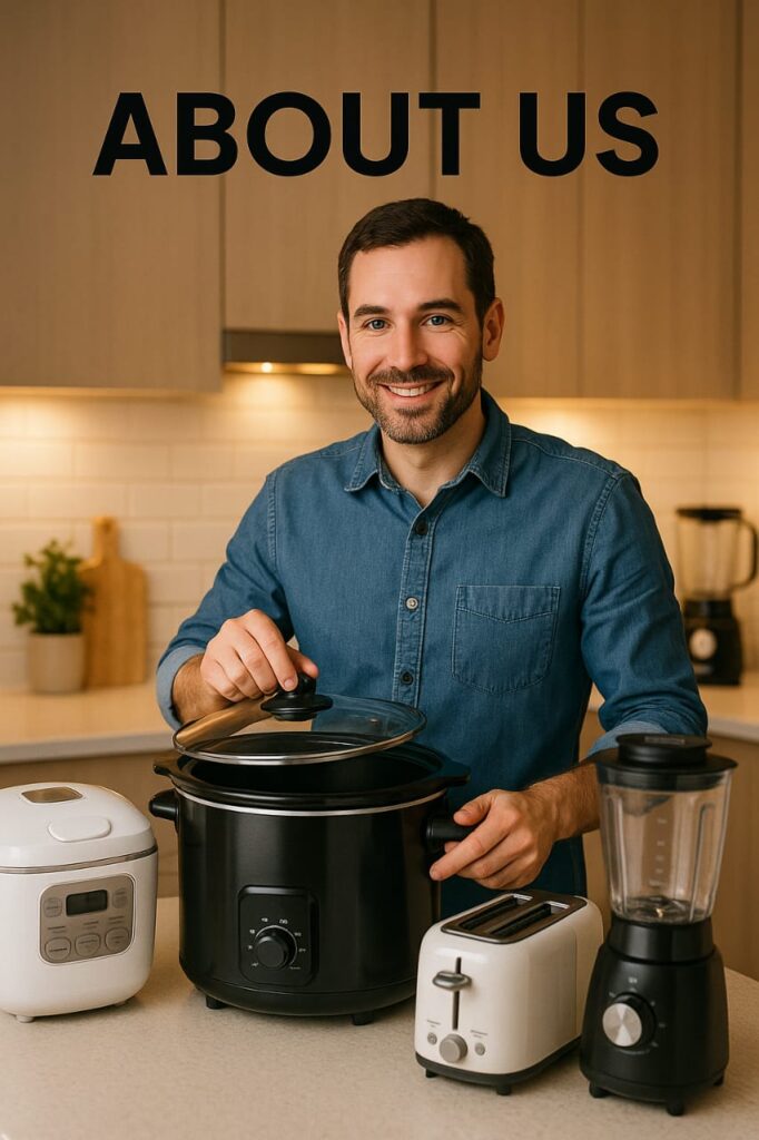 Illustration showing home kitchen appliances like slow cooker, rice cooker, air fryer, and a family enjoying hassle-free cooking – BestHousehold.com