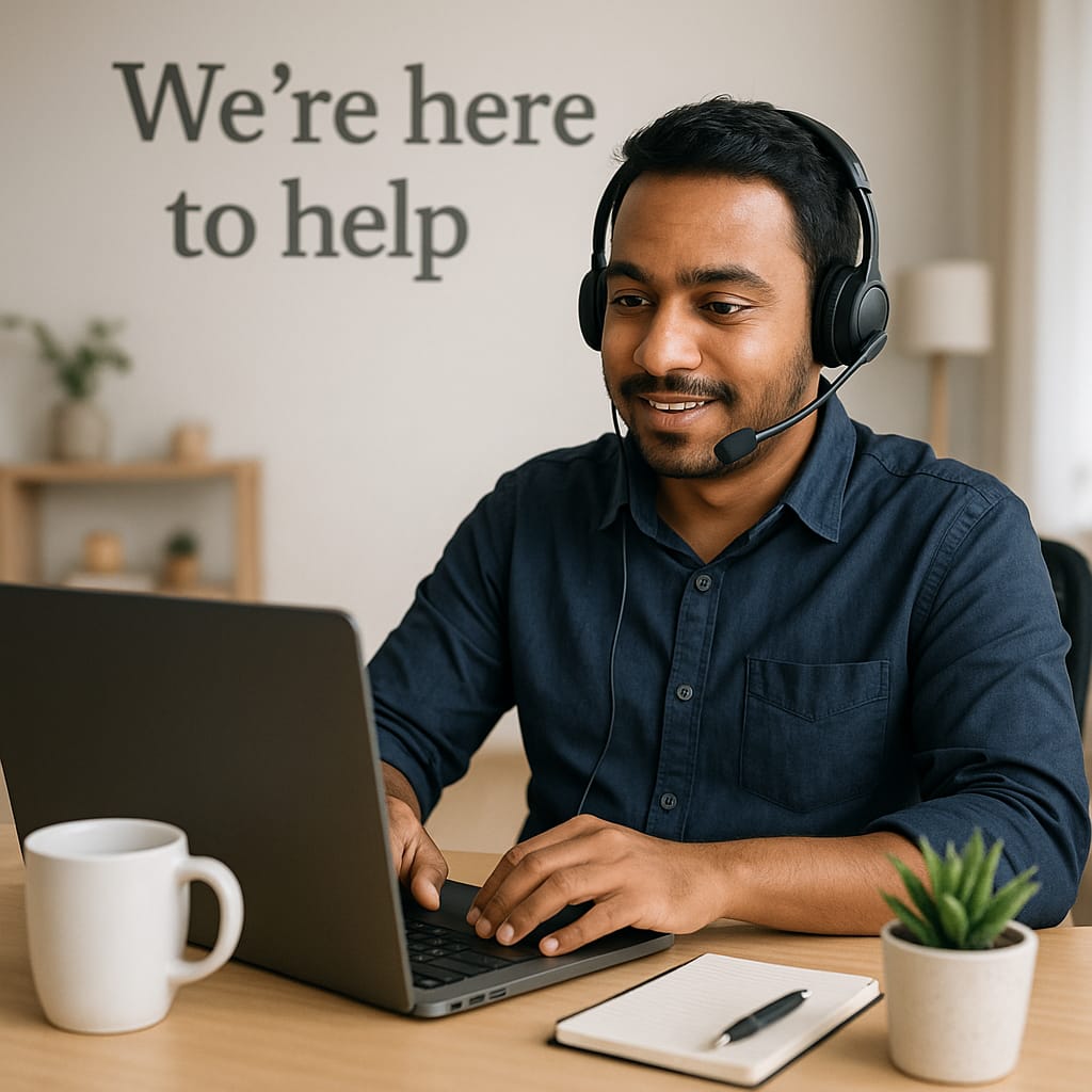 Contact Customer support representative helping with home appliance inquiries via laptop and phone at BestHousehold.com.