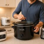 A man using a CrockPot slowcooker in a modern American kitchen with various home appliances like an air fryer, rice cooker, toaster, and blender on the countertop.