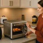 A woman using an air fryer toaster oven in a modern American kitchen surrounded by other home appliances like a rice cooker, toaster, and blender