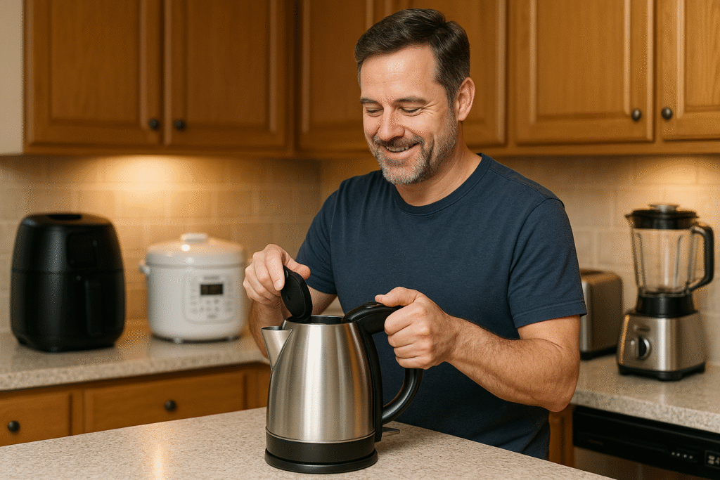 A person using a modern electric kettle in a stylish American kitchen with appliances like a toaster, blender, and air fryer nearby.