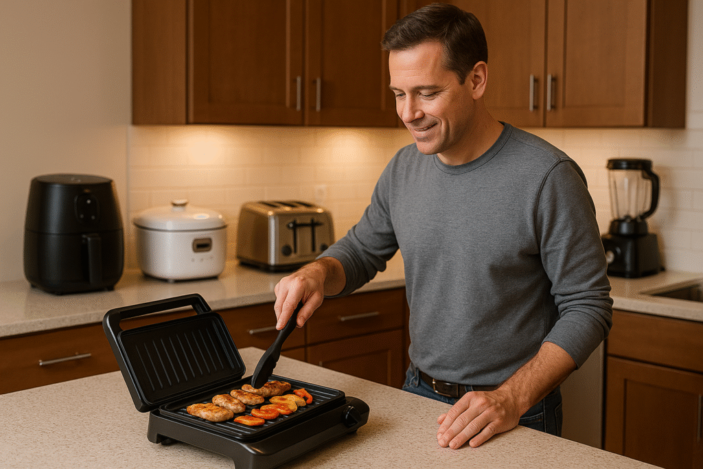 Middle-aged man grilling chicken and vegetables on a black electric grill in a stylish American kitchen with air fryer, rice cooker, toaster, and blender on the counter.