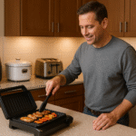 Middle-aged man grilling chicken and vegetables on a black electric grill in a stylish American kitchen with air fryer, rice cooker, toaster, and blender on the counter.