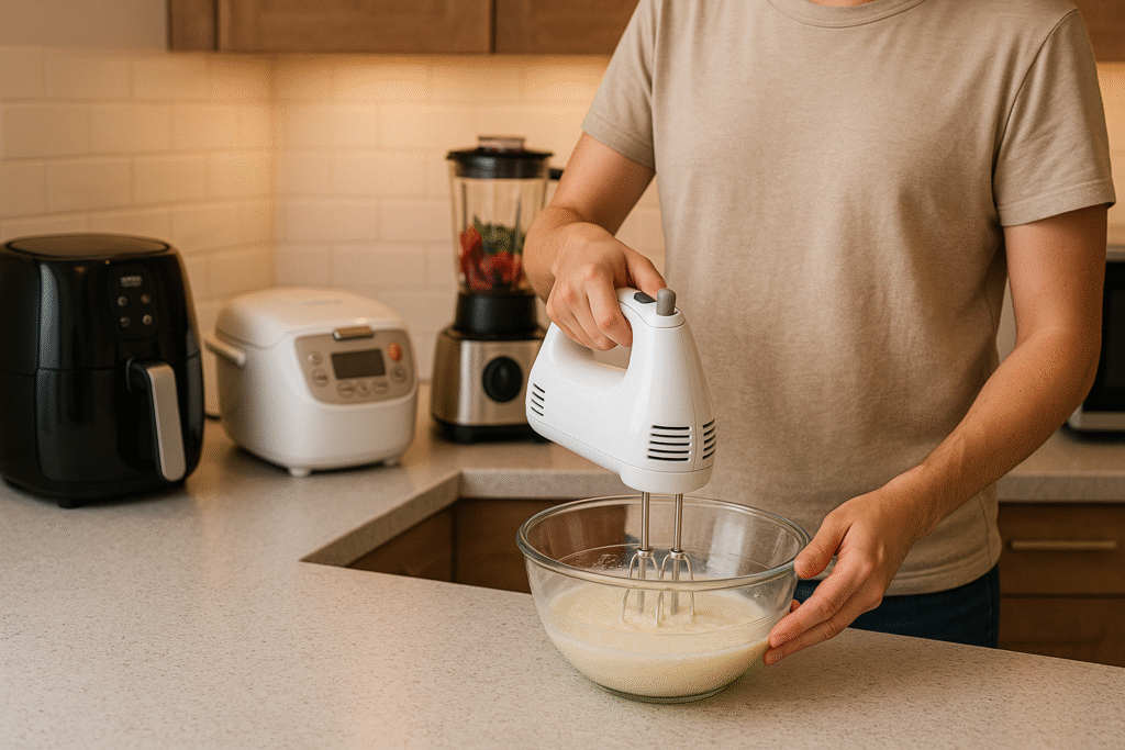 A close-up of a person using a hand mixer in a clean modern American kitchen with a mixing bowl and other countertop appliances like a toaster and microwave.