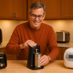 Middle-aged man using an electric can opener in a modern American kitchen, with air fryer, toaster, blender, and rice cooker on the counter.