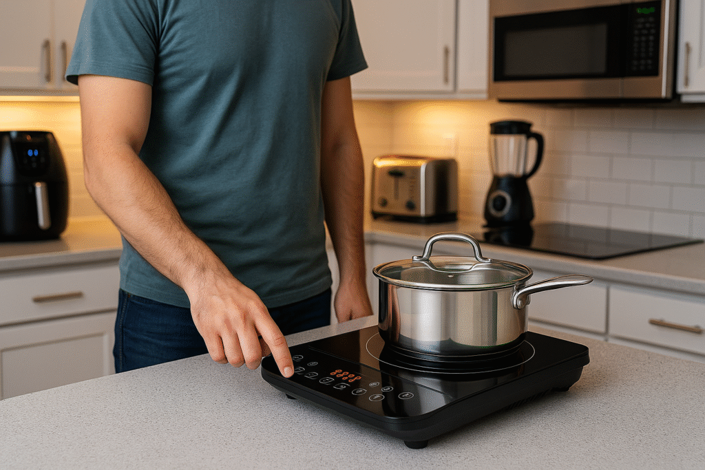 A person cooking on a modern induction cooktop in a clean, American-style kitchen with appliances like air fryer, toaster, and blender.