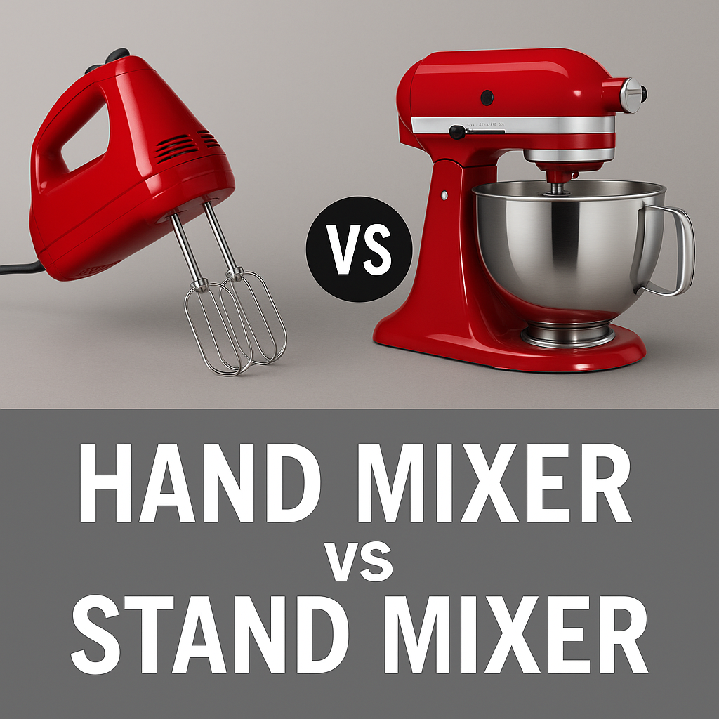 A hand mixer and a stand mixer side by side on a modern kitchen countertop, showing the difference in size and style.