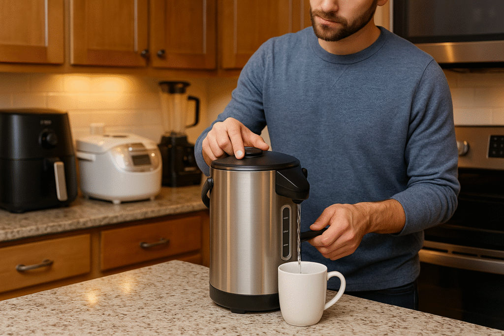 A person using a water boiler and warmer in a clean, modern American kitchen with other appliances like an air fryer, rice cooker, blender, toaster, and microwave in the background.