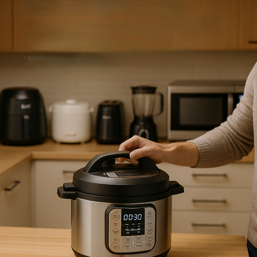 A high-resolution image of a modern electric pressure cooker on a countertop in a clean, contemporary American kitchen.
